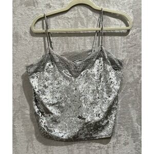 Valleygirl Silver Velvet Cami Tank Top Lace Trim Sleeveless Shirt Size L